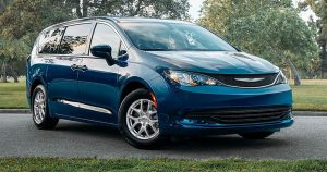 2020 Chrysler Voyager in blue parked on a paved road 