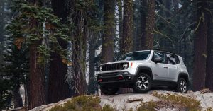 2020 Jeep Renegade in silver parked in a forested area